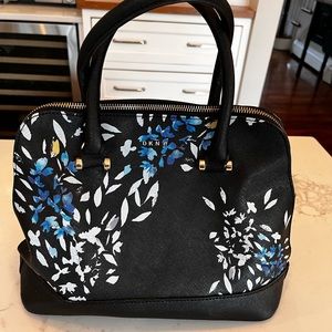 DKNY Black Purse with Blue Floral Detail-Gently Used